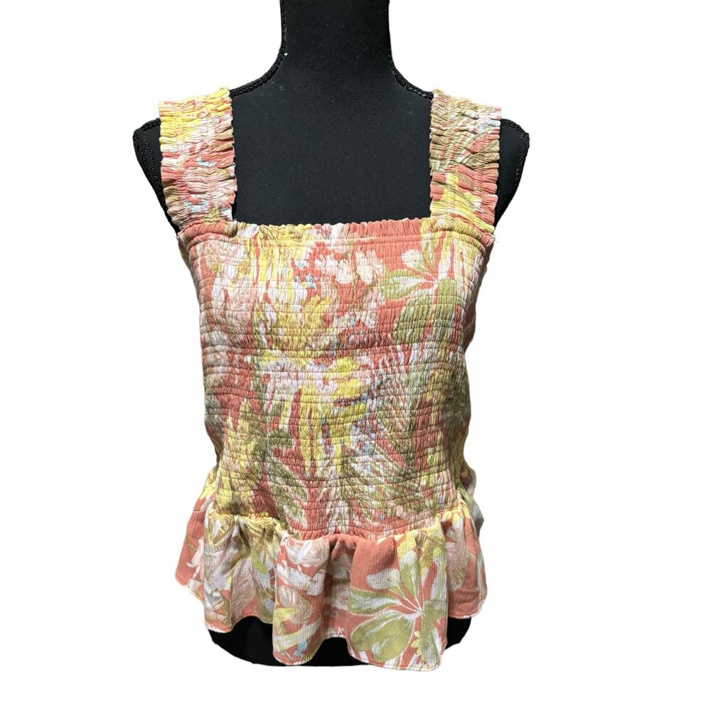 LC Lauren Conrad Smocked Peplum Top Size L Multicolor Sleeveless Rayon Tropical